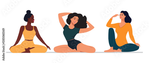 Group yoga class.  A conceptual illustration of relaxation, sports, recreation, and a healthy lifestyle. Isolated on a white background. Vector illustration.