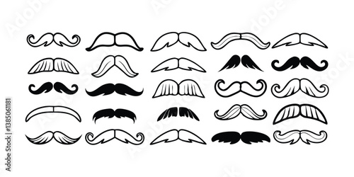 Set of Black and White Mustache Shapes, Retro Facial Hair Collection.