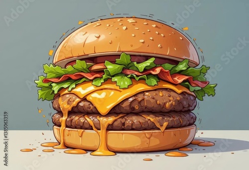 A bright illustration of a delicious burger with a juicy patty, fresh vegetables, cheese and sauce.