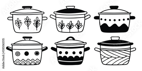 Set of patterned cooking pots in doodle style vector isolated on white.