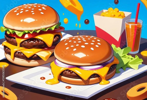 A bright illustration of a delicious burger with a juicy patty, fresh vegetables, cheese and sauce.