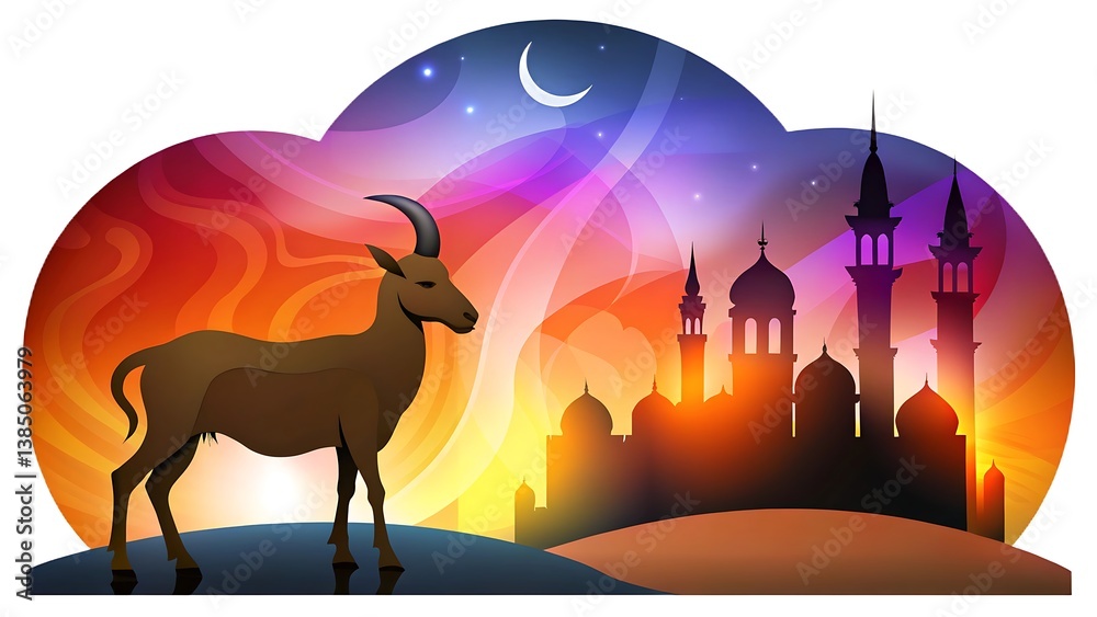 Naklejka premium Silhouette of a deer in a forest at sunset with a moonlit sky and trees, capturing the essence of wildlife for Eid Al Adha Mubarak