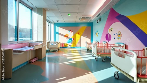 Bright Pediatric Ward with Colorful Walls and Cribs