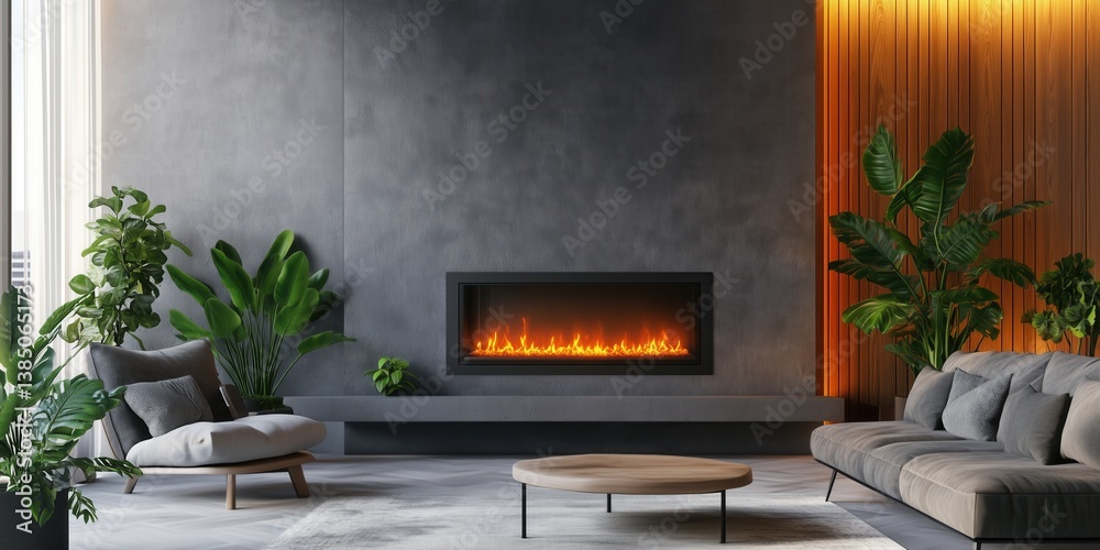 Naklejka premium Stylish living room interior with an electric fireplace, modern interior design and house plants.