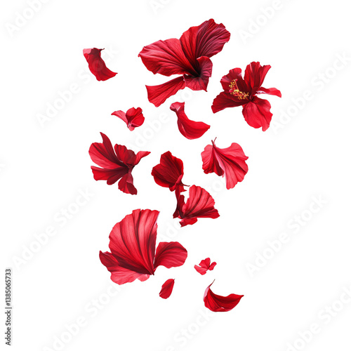 Tropical red flower petals falling in the air, beautiful floral levitation isolated on transparent background.