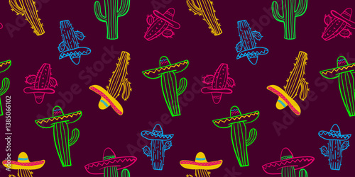 cinco de mayo seamless pattern with colorful sombrero-wearing cacti on dark background, perfect for mexican fiesta party designs, prints, and decorations