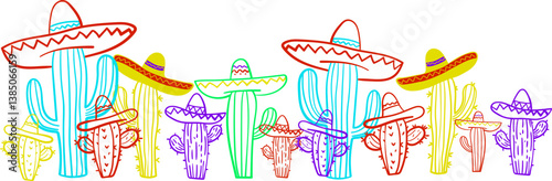 colorful group of cacti in sombreros isolated on white background, festive cartoon mexican illustration for cinco de mayo celebration and fiesta decoration