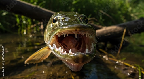 Fish Opening Mouth Wide with Sharp Teeth in Murky Water