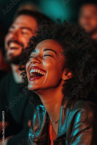 Obraz na płótnie Group of people laughing at stand up comedy performance. Men and women with excited expressions on their faces. w salonie
