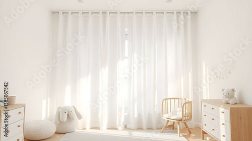 white plain curtain, baby room, bright natural light, soft fabric texture, minimalistic design, realistic mock-up, room with baby furniture, gentle ambiance Generative AI