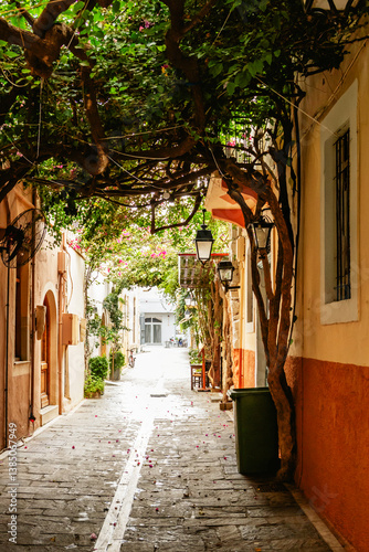 Obraz na płótnie A beautifully picturesque alleyway adorned with vibrant, lush bougainvillea situated in a serene village setting. Rethymno town, Crete island, Greece. w salonie