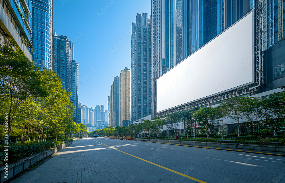 Fototapeta premium Urban advertising canvas, Blank billboard stands tall among city skyscrapers