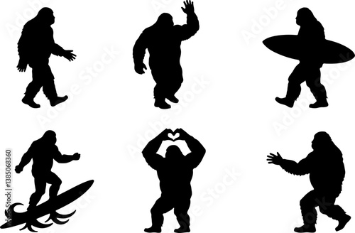 Bigfoot Silhouette Set – Surfing, Walking, and Love Gestures

Funny Sasquatch Vector Icons – Surf and Heart Poses

Silhouette Collection of Bigfoot in Action – Surfboard & More


