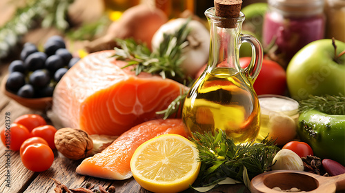 Fresh salmon olive oil vegetables fruits herbs nuts healthy food dietary patterns unsaturated fats colorful ingredients cooking nutrition meal preparation gourmet organic fresh produce