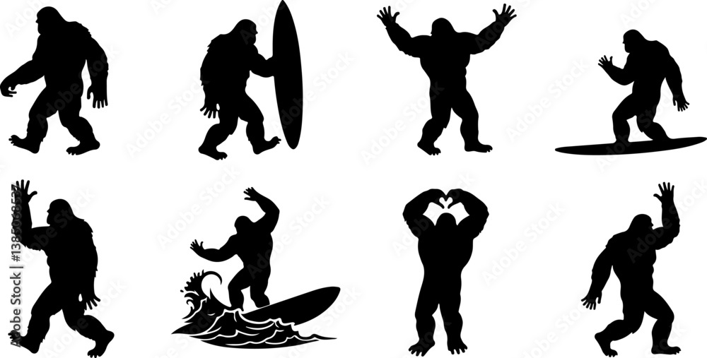 Obraz premium Bigfoot Silhouette Set – Surfing, Walking, and Love GesturesFunny Sasquatch Vector Icons – Surf and Heart PosesSilhouette Collection of Bigfoot in Action – Surfboard & More