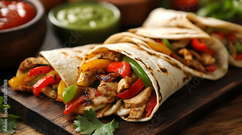 Delicious grilled chicken fajitas wrapped in soft tortillas, filled with vibrant bell peppers and served with fresh salsa and guacamole. perfect dish for any gathering