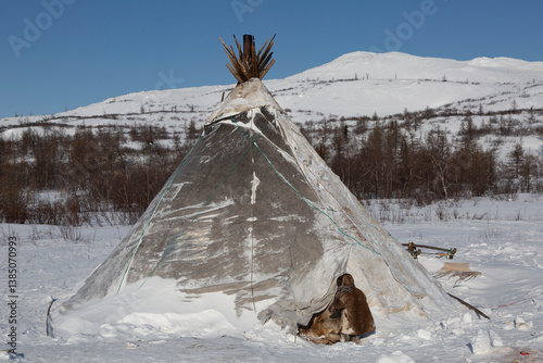 Obraz na płótnie Nenets girl near the entrance to the chum, Yamal w salonie