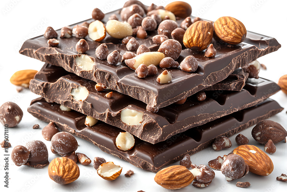 Stacked dark chocolate bars with mixed nuts on top and scattered around. Stacked dark chocolate bars with mixed nuts on top and scattered around.