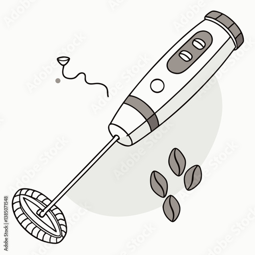 Milk frother illustration with coffee beans on light background
