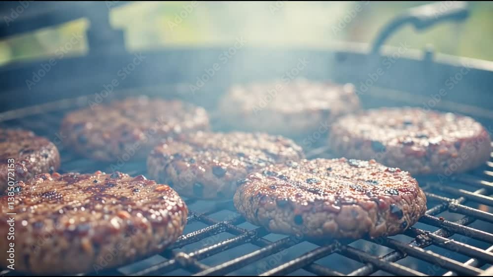 BBQ grill with juicy beef patties cooking with smoky grill marks