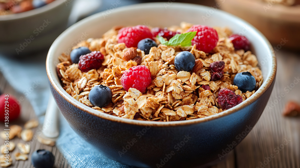 delicious bowl of granola topped with fresh raspberries and blueberries, showcasing healthy breakfast option. vibrant colors and textures create inviting and wholesome feel delicious bowl of granola topped with fresh raspberries and blueberries, showcasing healthy breakfast option. vibrant colors and textures create inviting and wholesome feel