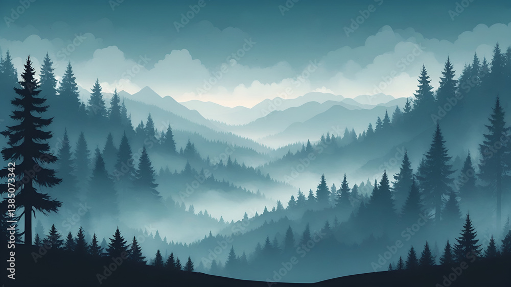 Obraz premium Mountain landscape with pine trees and mist in the morning