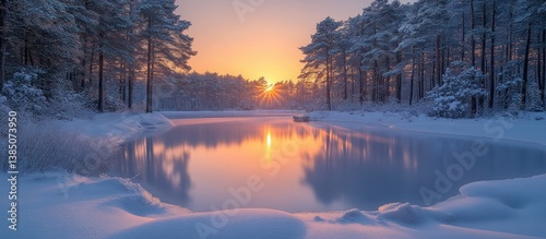 Serene winter sunset over a snow-covered lake in a pine forest. photo