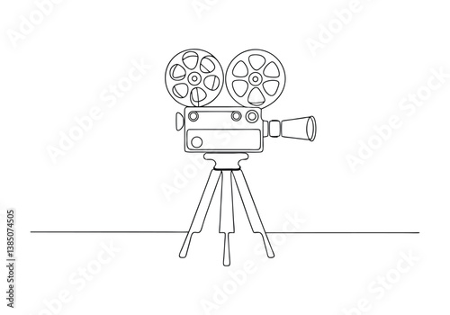 Minimalist continuous line drawing of a vintage film camera on tripod with dual lens and classic design details

