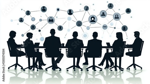 Business meeting silhouettes, network connections, modern workplace photo