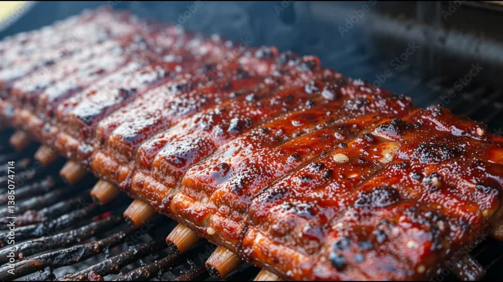 Grilled BBQ ribs with a glossy glaze, resting on the grill