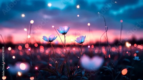 Beautiful flowers bloom in a vibrant field at sunset, with a dreamy bokeh background