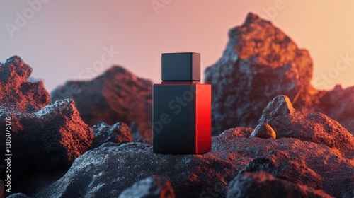 Perfumed bottle on rocks, sunset background, product display