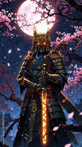Nightfall Samurai: A Digital Painting of a  Ronin Under Cherry Blossoms