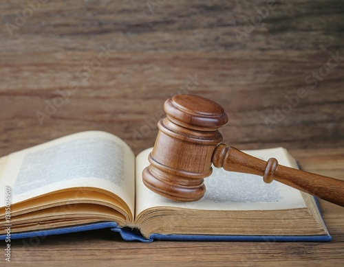 Justice Concept – Judge’s Gavel with Law Book on Desk

