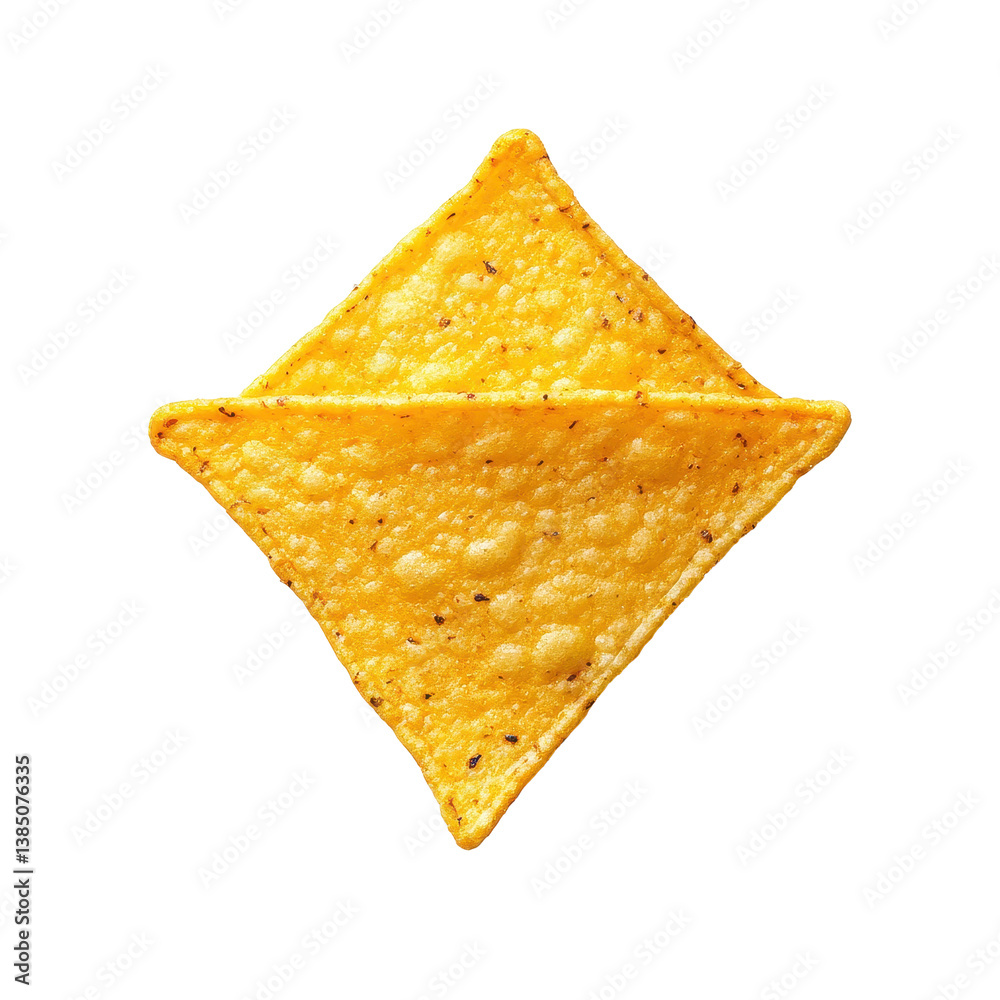 Single nacho chip arranged on a clean white surface showcasing its texture and triangular shape, Transparent background of a single nacho chip from above, isolated on a PNG background with a Single nacho chip arranged on a clean white surface showcasing its texture and triangular shape, Transparent background of a single nacho chip from above, isolated on a PNG background with a