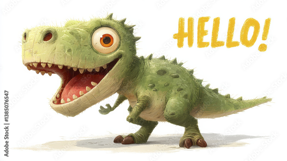 Obraz premium cheerful cartoon dinosaur with big smile and bright eyes, saying HELLO in playful manner. This character is vibrant and friendly