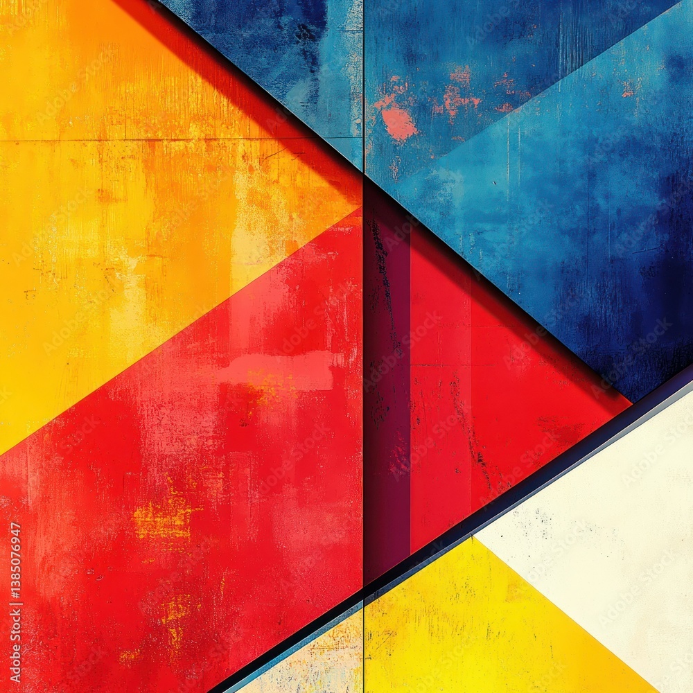 Naklejka premium Abstract Geometric Color Block Canvas: Vibrant Red, Yellow, and Blue Triangles