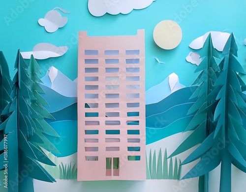 Bright Papercraft Office in the Woods with Ocean and Mountain View