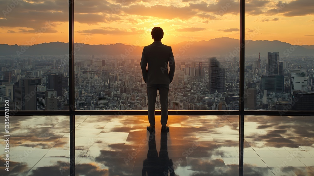 Fototapeta premium Businessman Contemplation Cityscape Sunset