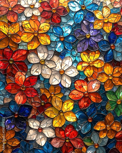A stunning handmade mosaic art piece, vibrant stained glass fragments arranged in an intricate floral pattern, light filtering through, mesmerizing colors