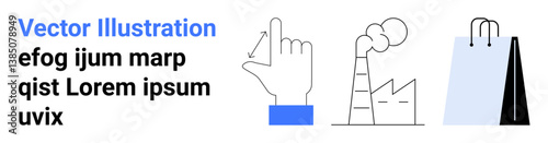 Hand pointing upward, factory emitting smoke, and a minimalist shopping bag. Ideal for sustainability, pollution, shopping, technology, industrial growth, consumer habits simple landing page