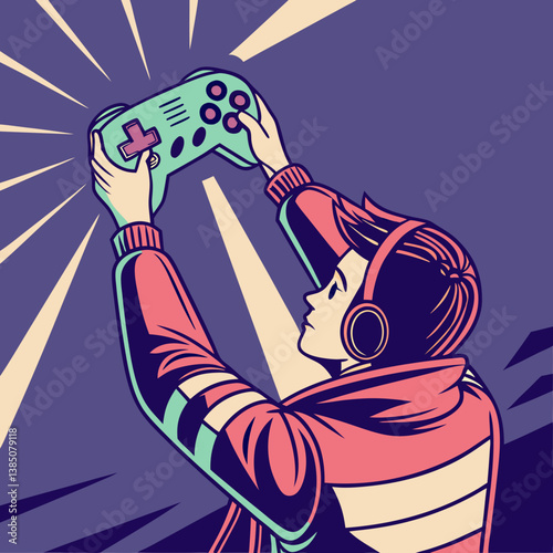 Gamer avatar holding console controller with energy effect