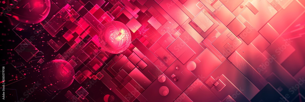 Elegant tehnologic pink dark background, surrounded by geometric patterns and shapes.