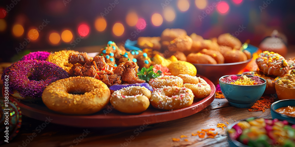 A colorful platter of traditional Makara Sankranti snacks, including fried doughnuts and savory pastries
