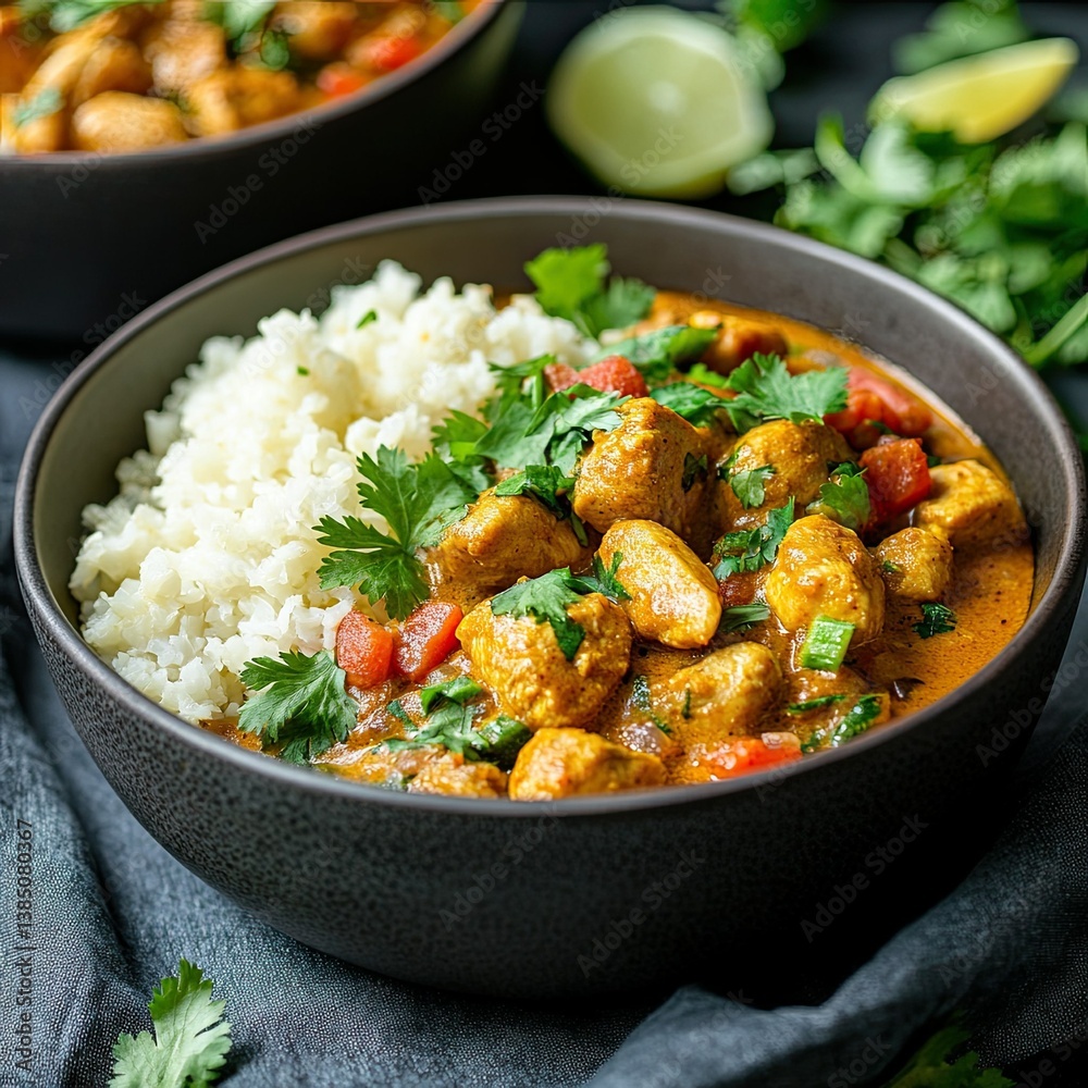 A paleo chicken curry served with steamed cauliflower rice, garnished with fresh cilantro. A paleo chicken curry served with steamed cauliflower rice, garnished with fresh cilantro.