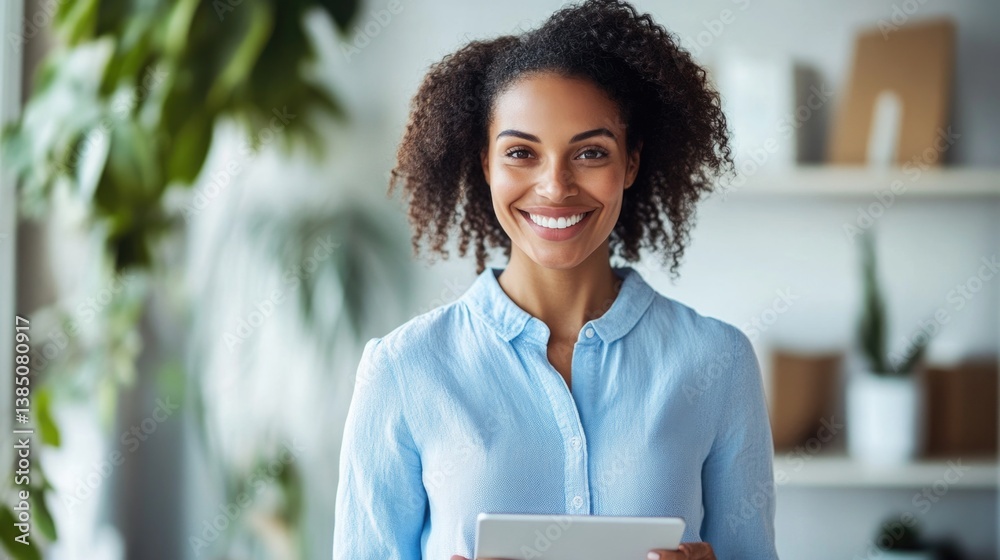 Young fun smiling mix race european successful employee business woman in blue shirt work use hold tablet pc computer stand at workplace white desk at light modern office indoors. Career concept