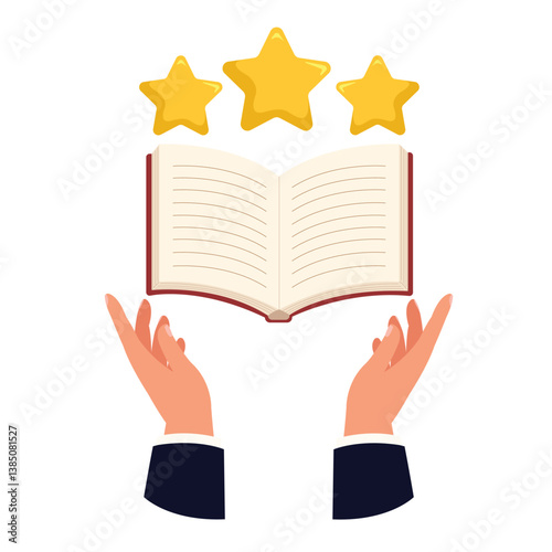 Hand holding book with stars of rating, Best seller of book style. Symbol of book recommended and popular book.