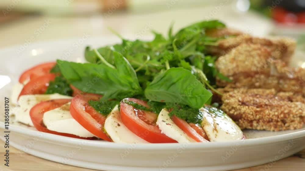 Pieces of fried battered fish with caprese salad on a plate Pieces of fried battered fish with caprese salad on a plate