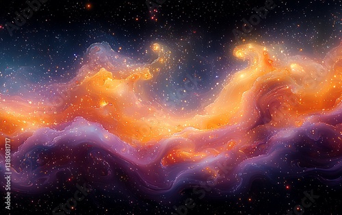 A surreal liquid galaxy swirling with deep cosmic hues, radiant nebula-like formations seamlessly blending into fluid abstract textures, glowing reflections enhance depth and dimension