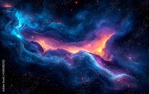 A surreal liquid galaxy swirling with deep cosmic hues, radiant nebula-like formations seamlessly blending into fluid abstract textures, glowing reflections enhance depth and dimension